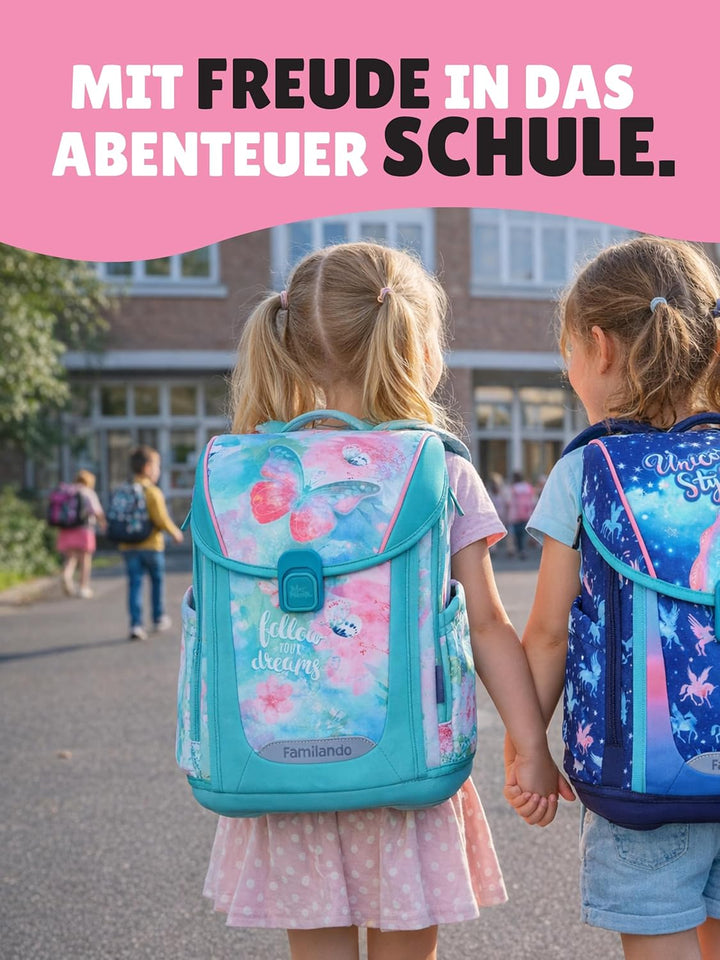 Familando - Premium Schulranzen Set - 10-teilig mit Schultüte - Butterfly (Schmetterlinge) - Ergonom