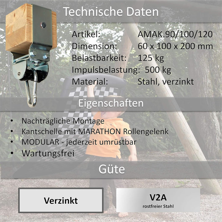 Schaukelschelle Kantholz 12 x 12 cm mit MARATHON Rollenlager', 12 x 12 cm