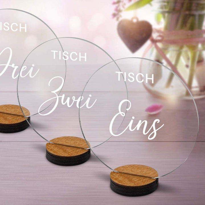 Tischnummern Hochzeit Set für 1-20 Tische, Acryl Transparent mit präsizer Milchig-Weisser Lasergravu