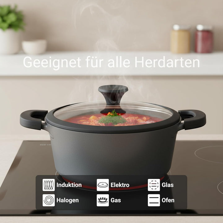 BIOL Aluminium Kochtopf mit Antihaftbeschichtung, Glasdeckel und abnehmbaren Silikon-Griffen, Indukt