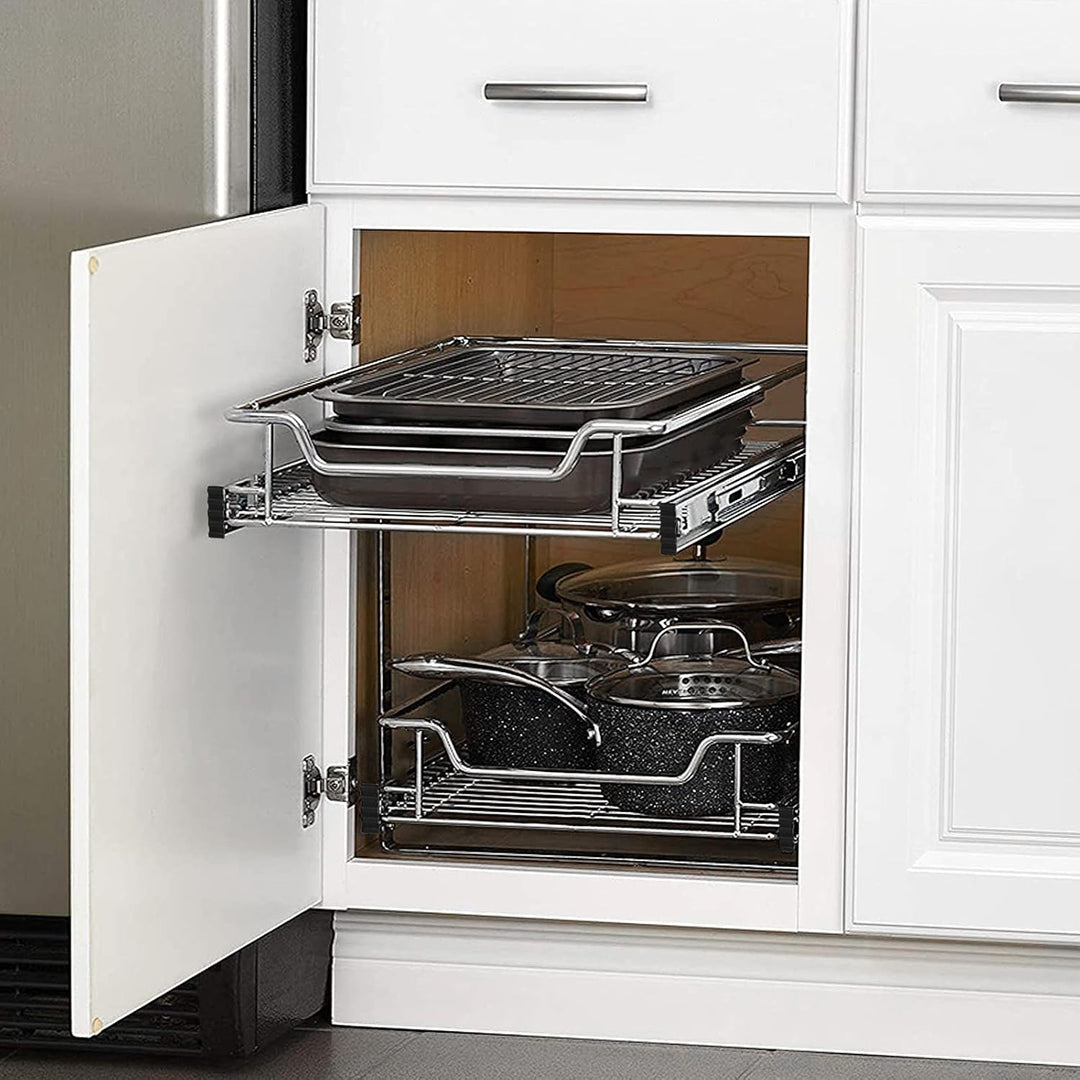 NAIZY 2x Teleskopschublade 30cm Breite anwendbar Küchenschublade Silber Küchen Regal aus Massiver Ed