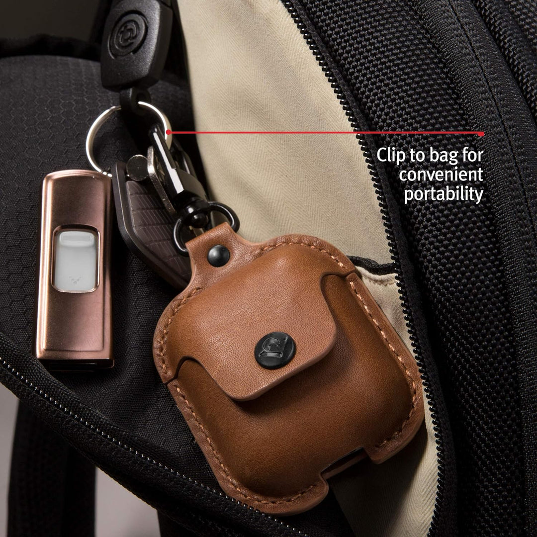 Twelve South AirSnap | Poliertes Lederetui für AirPods in Cognac Cognac Leder, Cognac Leder