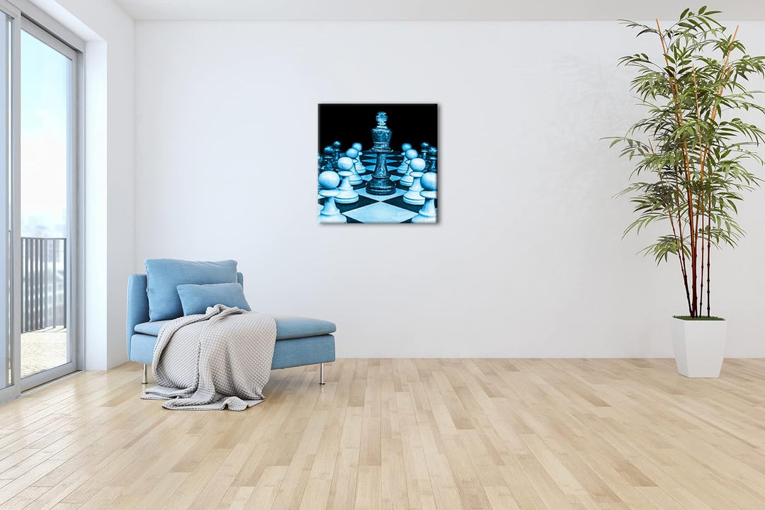 edle Holz Schachfiguren Format: 70x70 Effekt: Monocrome Blau als Leinwandbild, Motiv fertig gerahmt