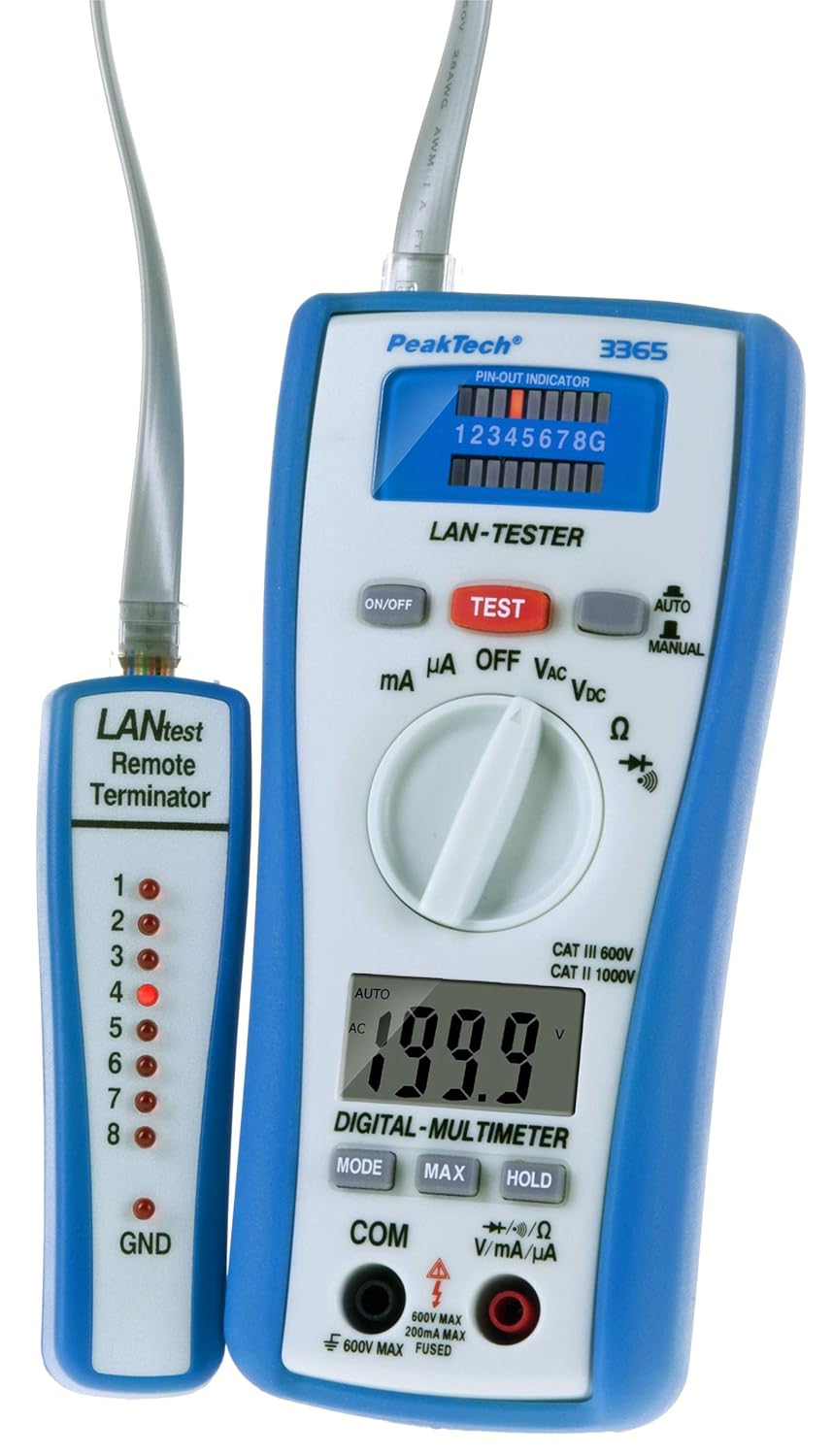 PeakTech 3365 – LAN Tester & Digital Multimeter, Netzwerkprüfgerät - 600 V P 3365 & 3434 – Leitungss