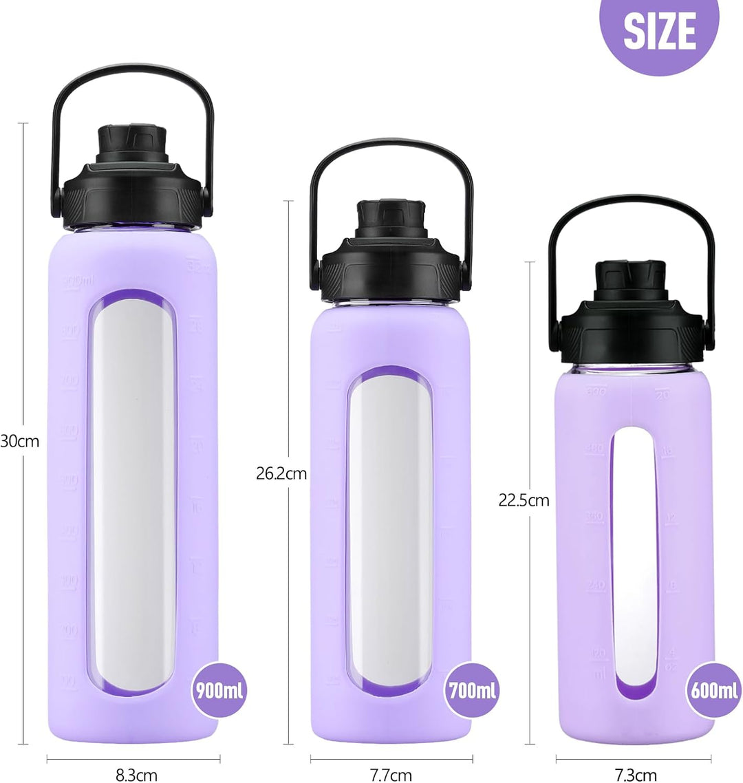 BLUEGO Trinkflasche Glas 900ml Sport Wasserflasche mit 2 Deckeln und Strohhalm Auslaufsichere Glasfl