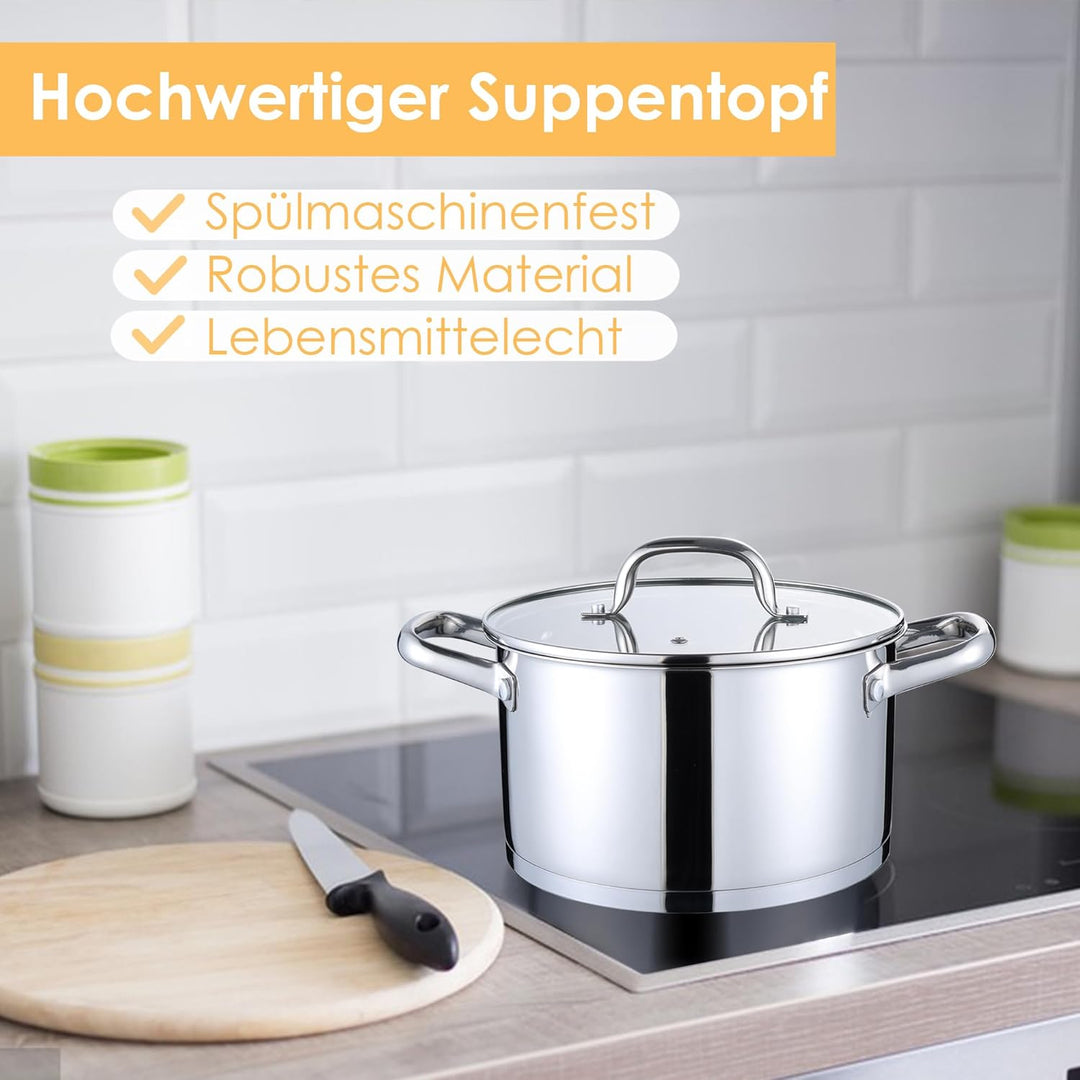 Herogo Kochtopf 22 cm, 5 L Edelstahl Suppentopf Induktion Topf mit Glasdeckel, Nudeltopf Fleischtopf