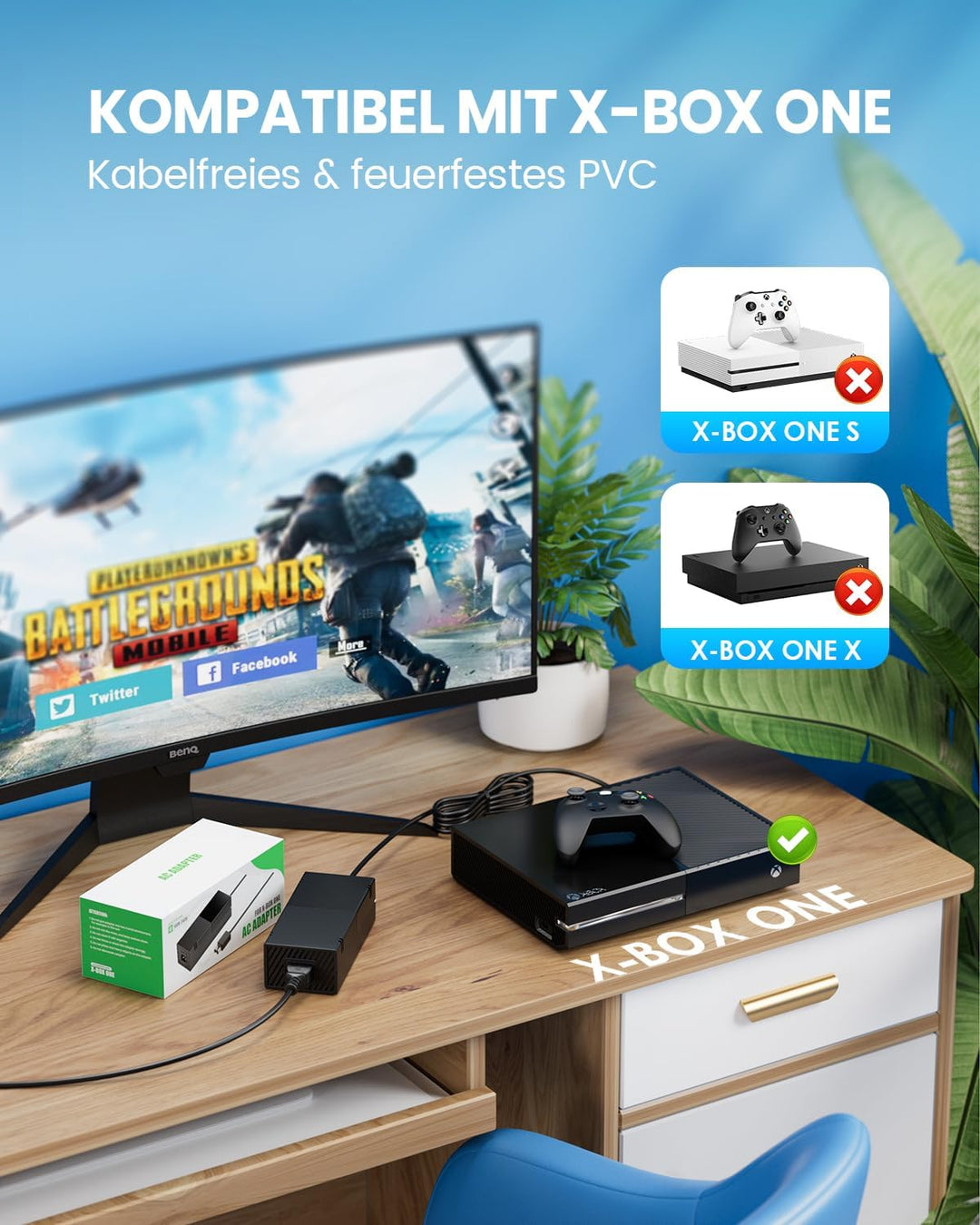 220W Netzteil Ladekabel für Xbox One Konsole, 100-240V AC Adapter Ersatz mit EU-Stecker, Stromversor