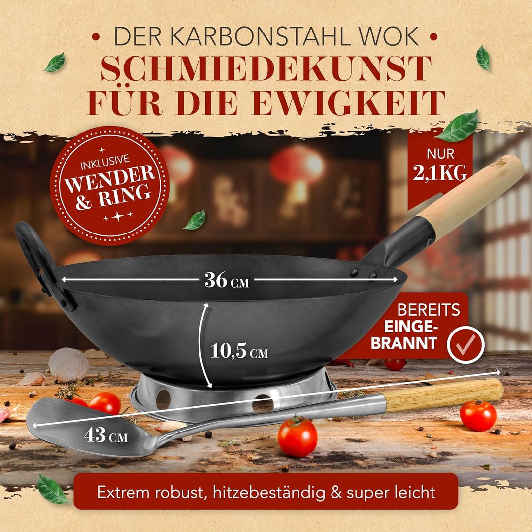 KRUSTENZAUBER 36cm Wokpfanne Induktion voreingebrannt - Traditionelle Stahlwokpfanne mit Wokwender u