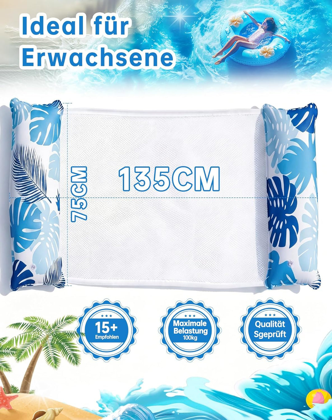 2 Stück Luftmatratze Pool XL - 4 in 1 Wasserhängematte mit Kopfstütze - Aufblasbare Luftmatratze Was