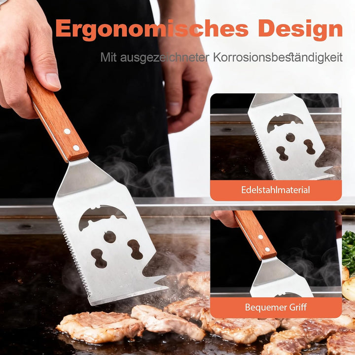 7 in 1 Grillspachtel für Barbecue Grill, Grill Zubehör, Multifunktionales Grillwerkzeug mit Holzgrif