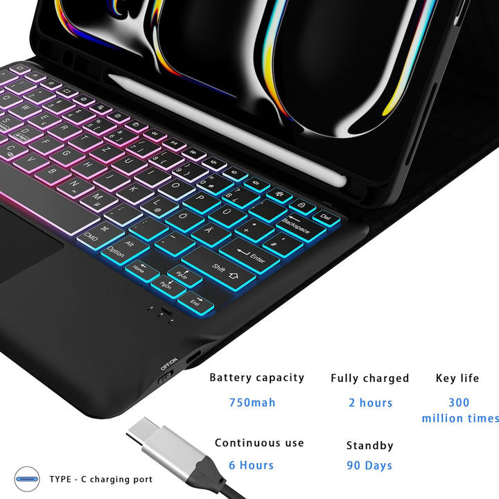 für iPad Pro 13 Zoll (M4) 2024 Hülle mit Abnehmbare Tastatur : DIY 3-Zonen 7-Farbiger Beleuchtung Ta