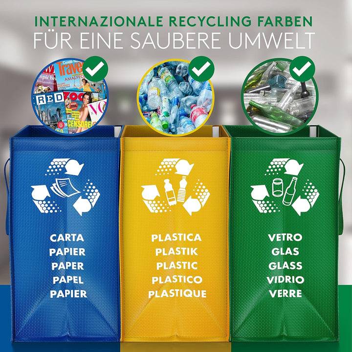 PTMS® Mülleimer 3 Fächer - Mülltrennsystem für Papier, Glas und Plastik - Umweltfreundliche Recyclin