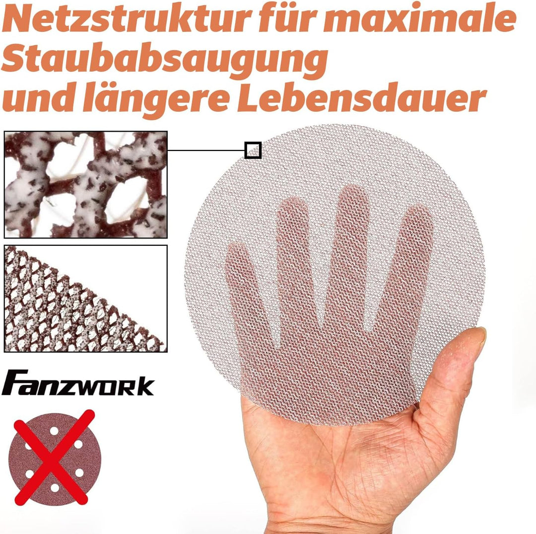 FANZWORK 30 Stück 150 mm Netz-Schleifgitter Klett für Exzenterschleifer, Korn P80 – Schleifgitter Se