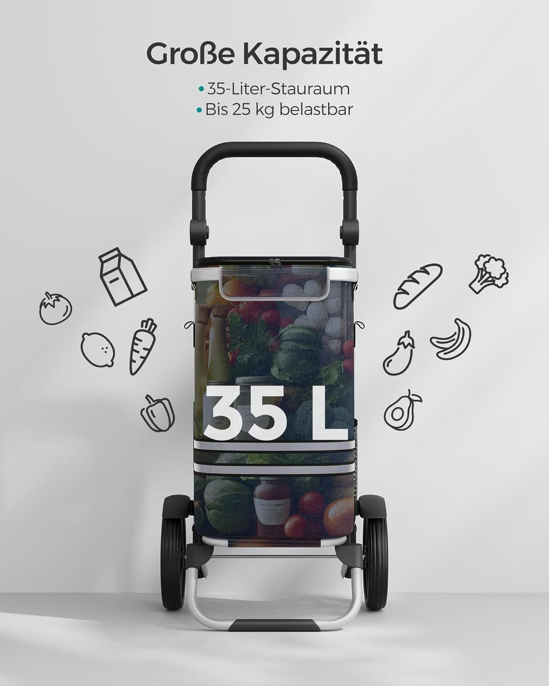 SONGMICS Einkaufstrolley, klappbar, Stabiler Einkaufswagen, mit Kühlfach, grosse Kapazität 35 L, mul