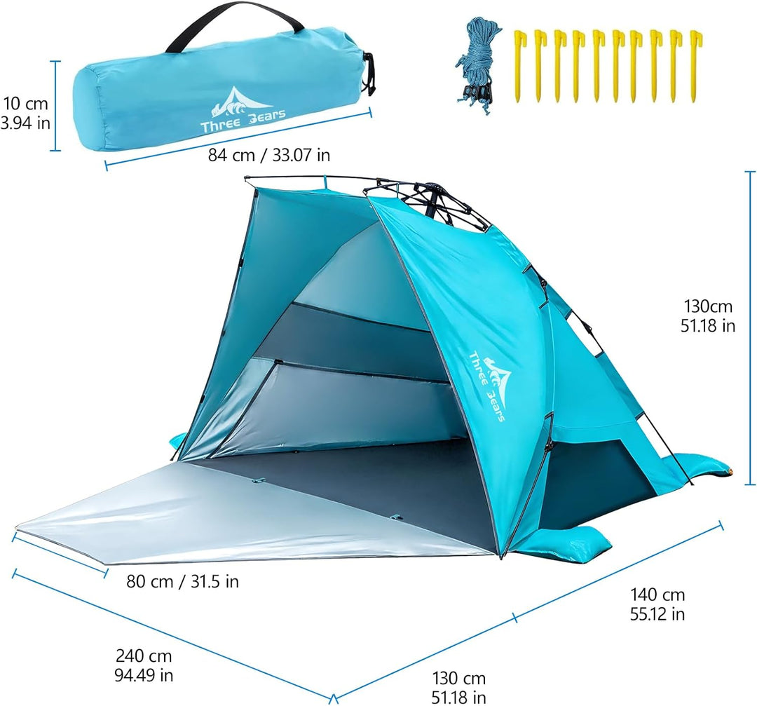 Three Bears Pop-Up-Strandzelt – UV-Schutz LSF 50+, leichte und tragbare Cabana für 3–4 Personen, ein