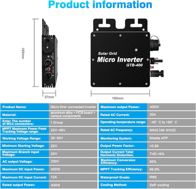 BuyWeek 400W Micro Solar Grid Tie Inverter Micro Wechselrichter IP65 Wasserdichter WiFi APP Steuerun
