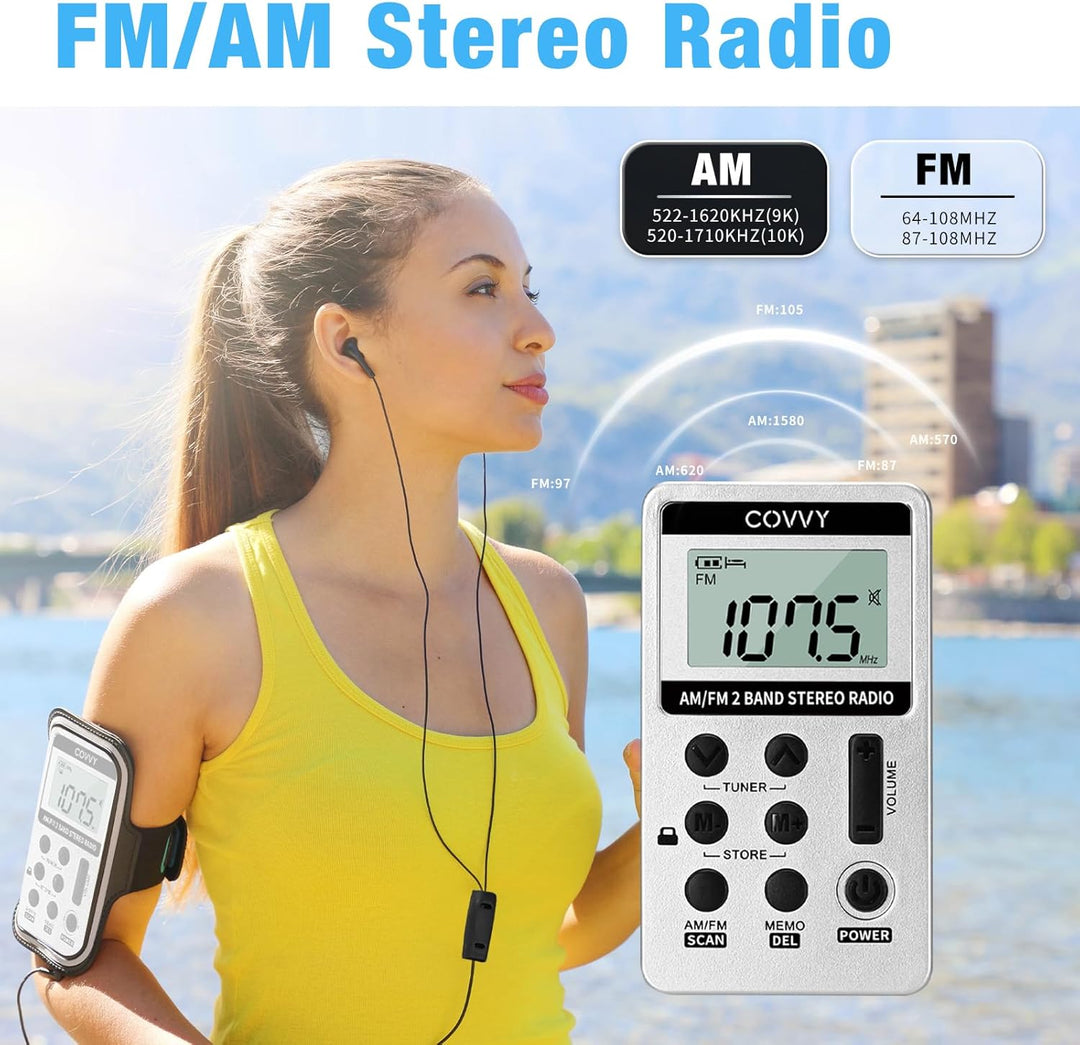AM/FM Tragbares Radio,Covvy Digitales Pocket Mini Radio mit 500mAh 3.7V Wiederaufladbarer Akku und K