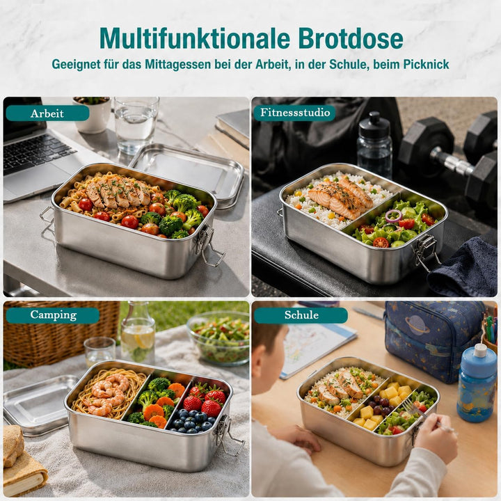 TEAMFAR Brotdose, Edelstahl Bento Lunch Box mit Fächern &amp; Tasche 1400ml | 2 Herausnehmbare Trennwänd