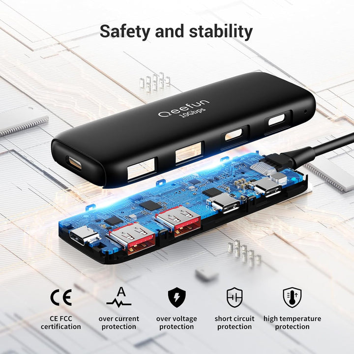 Qeefun 10Gbps USB Hub, 3.2 USB Hub mit 2 USB-C und 2 USB-A, USB 3.2 GEN 2 Splitter mit Type-C Power