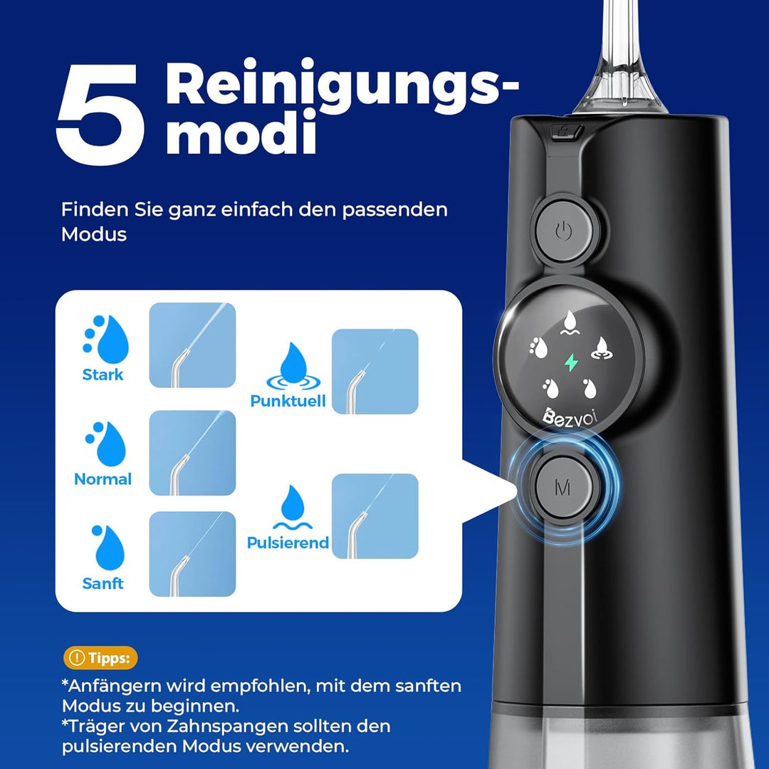 Water Flosser Munddusche Kabellos Zahnreinigung : 5 Modi LED-Anzeige Zahndusche mit 300ML Wassertank