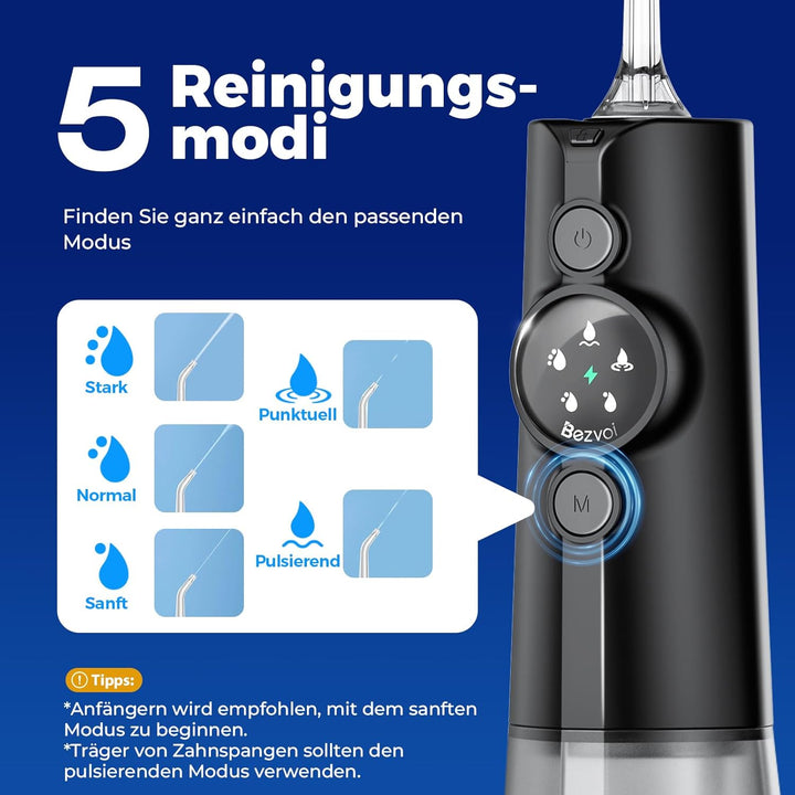 Water Flosser Munddusche Kabellos Zahnreinigung : 5 Modi LED-Anzeige Zahndusche mit 300ML Wassertank
