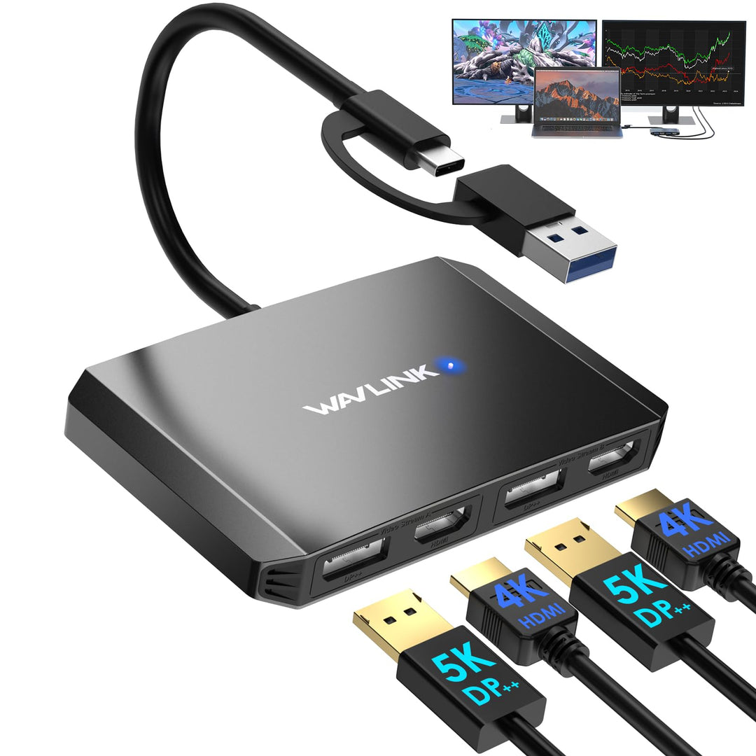 WAVLINK DisplayLink USB 3.0 or USB C to DisplayPort HDMI Adapter, Dual 5K/4K@60Hz 4IN1 Monitor Hub f