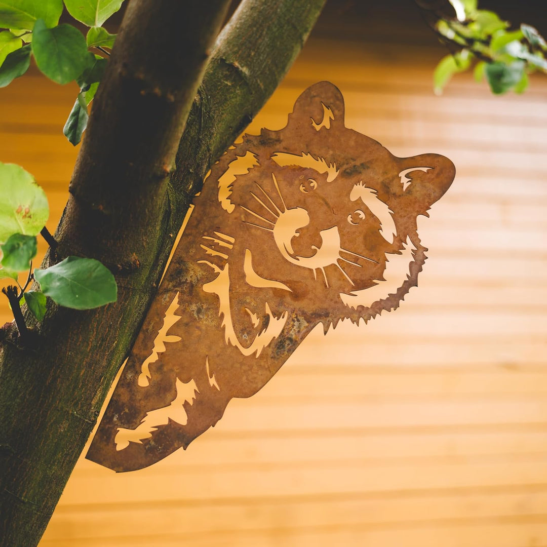 Steelmonks Edelrost Waschbär Baumstecker - Gartendeko für Draussen aus echtem Cortenstahl. Schöne Ga