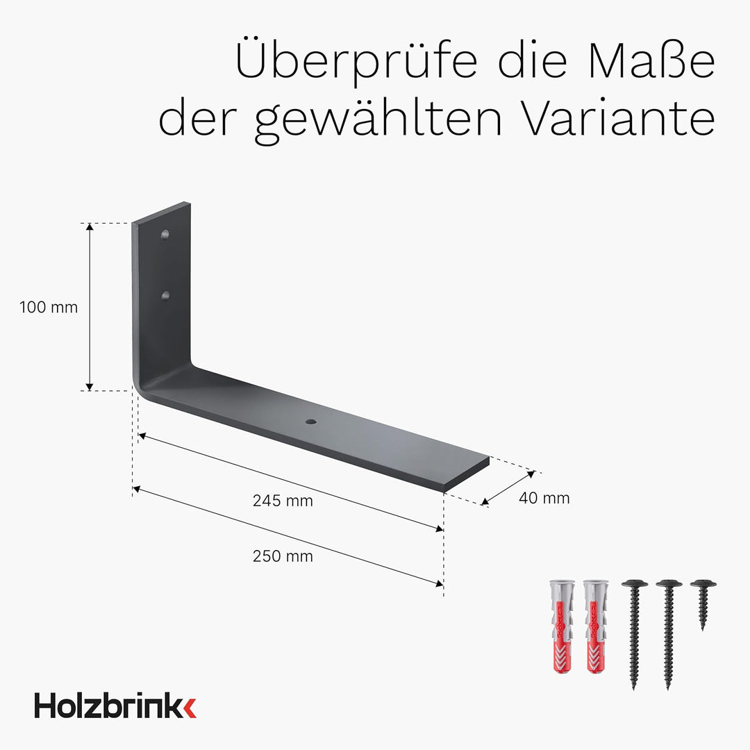 HOLZBRINK Regalträger Metall Regalhalter für Wandregal, Regalwinkel grau 250x100x40 mm, 8 Stück, HLR