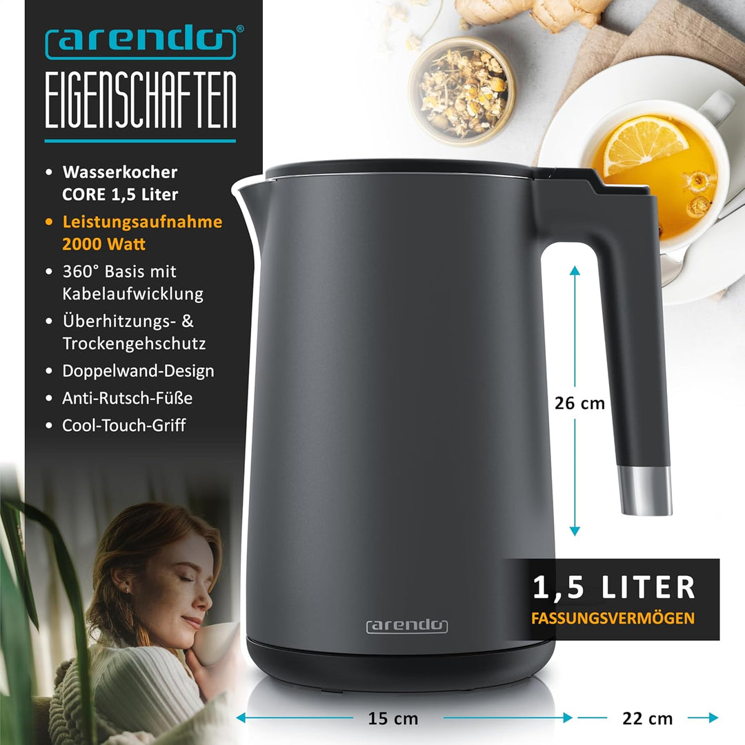 Arendo - Wasserkocher Edelstahl – 1,5 Liter - 2200 Watt – Doppelwand-Design – 360° Controller – BPA-