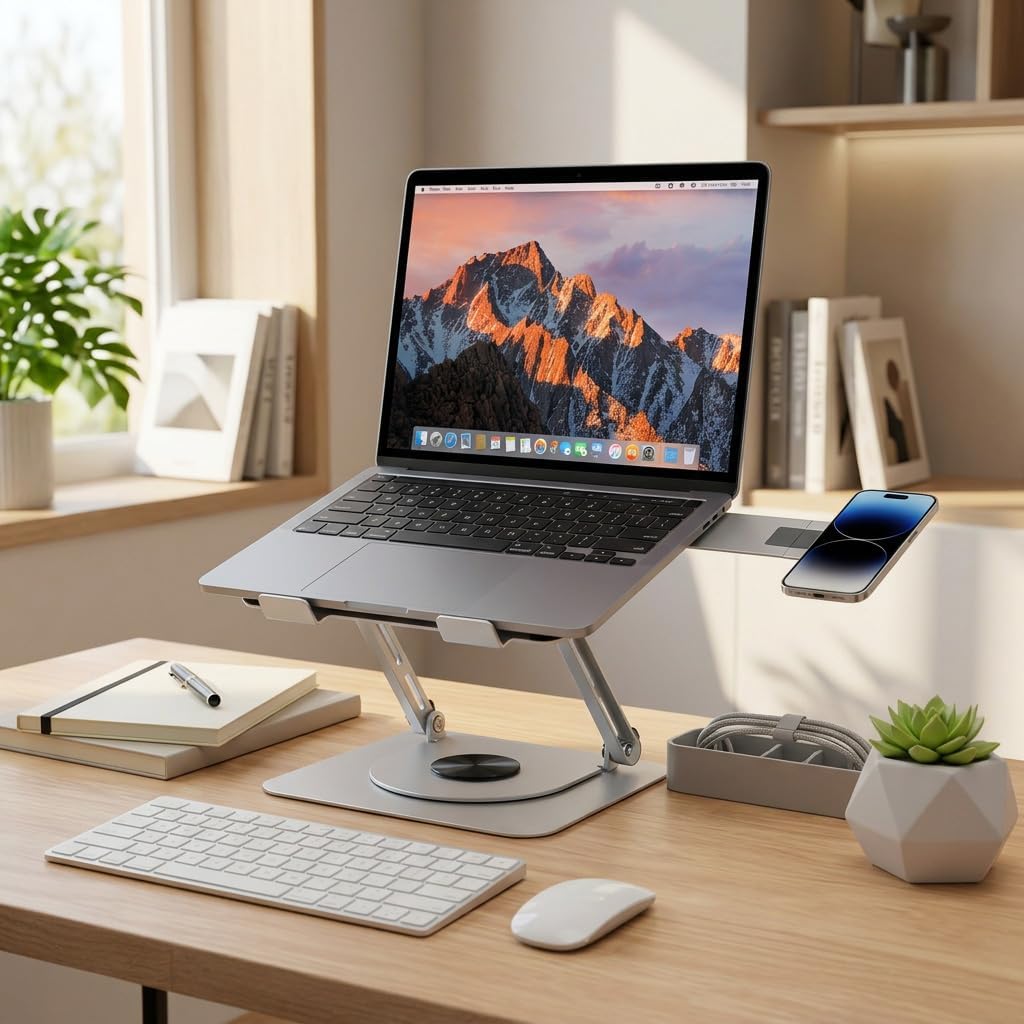 Generisch Laptopständer höhenverstellbar 360° drehbar – Ergonomischer Notebookständer mit Handyhalte