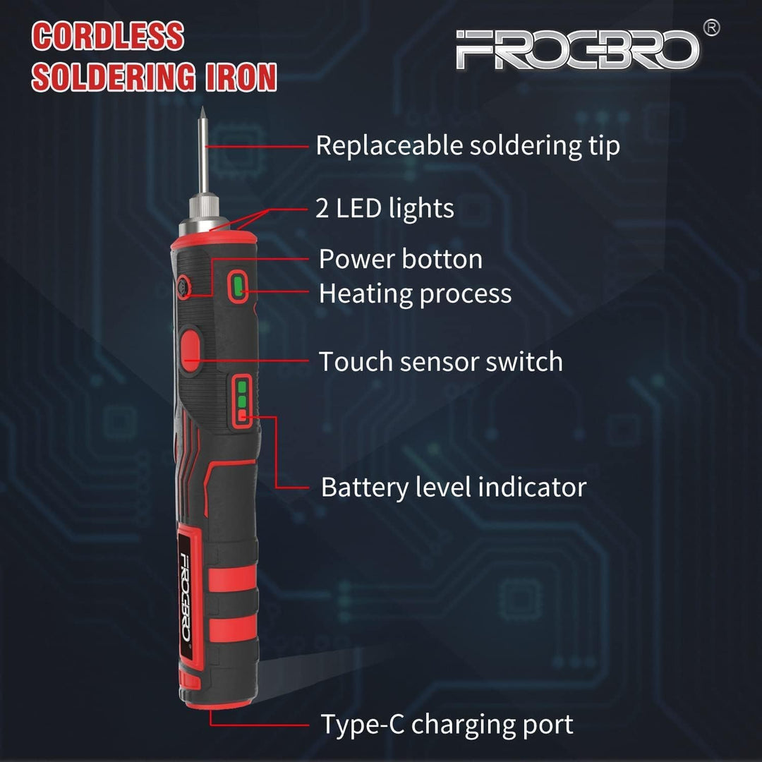 FrogBro 11W Akku Lötkolben Set mit 2 Ersatz Lötspitze, 1 Entlötpumpe und Typc C Kabel + EU Adapter,