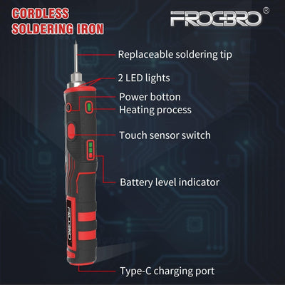 FrogBro 11W Akku Lötkolben Set mit 2 Ersatz Lötspitze, 1 Entlötpumpe und Typc C Kabel + EU Adapter,