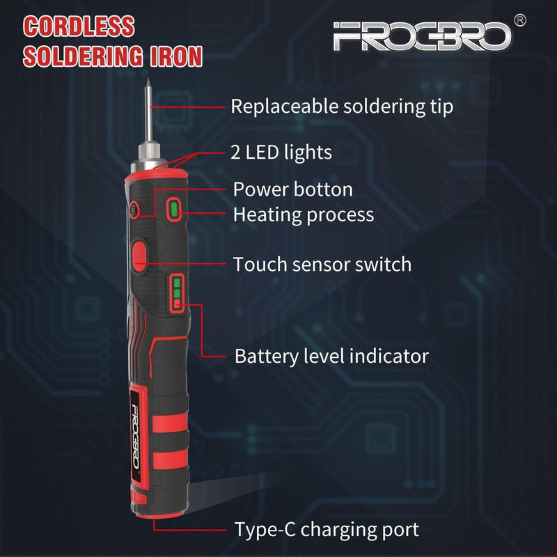FrogBro 11W Akku Lötkolben Set mit 2 Ersatz Lötspitze, 1 Entlötpumpe und Typc C Kabel + EU Adapter,