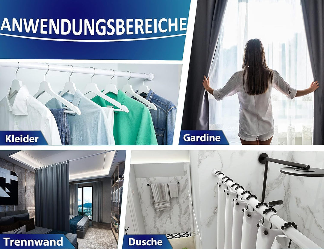 MEISENBERG Rostfreie Gardinenstange ohne Bohren 210-260cm, Ø32mm Weiss belastbare Klemmstange zum Au