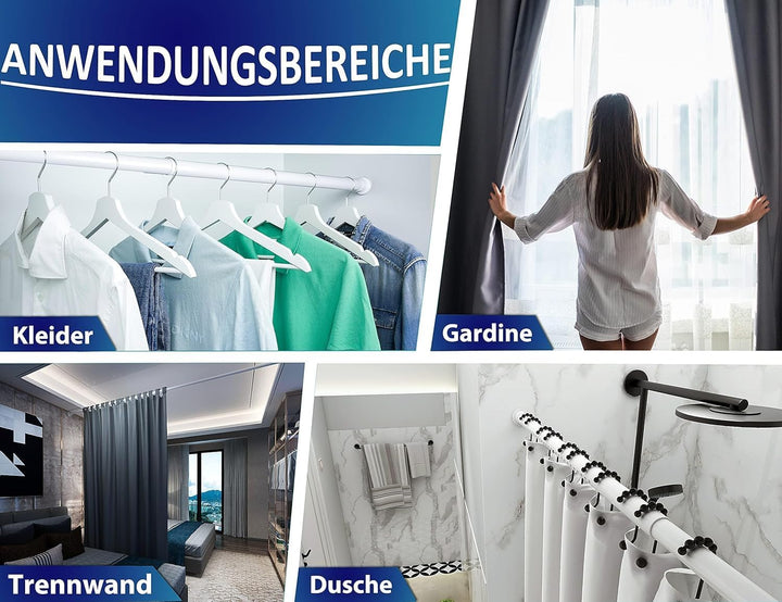 MEISENBERG Rostfreie Gardinenstange ohne Bohren 210-260cm, Ø32mm Weiss belastbare Klemmstange zum Au