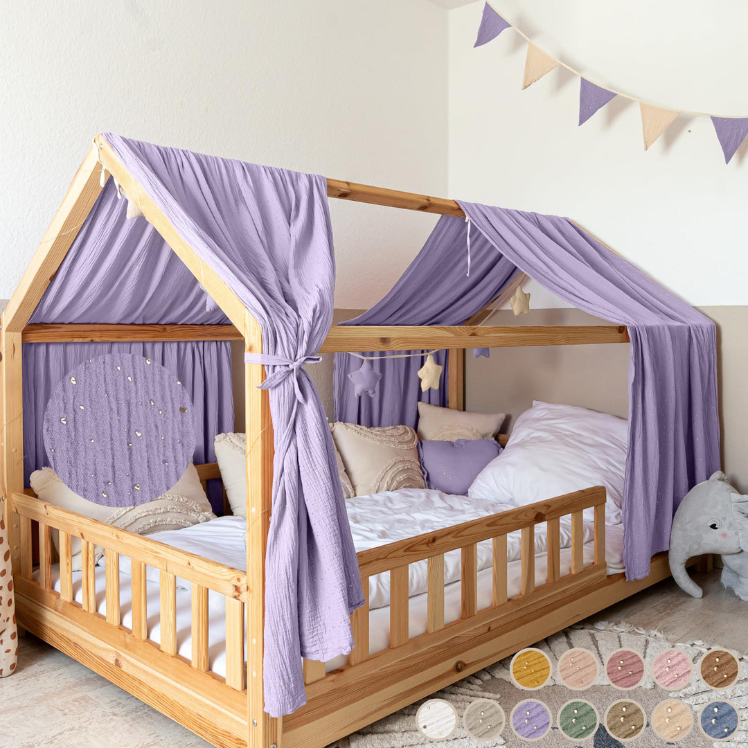 Hausbett Himmel mit Gold Applikation [in 12 Farben] Betthimmel Hausbett aus 100% Baumwolle Musselin