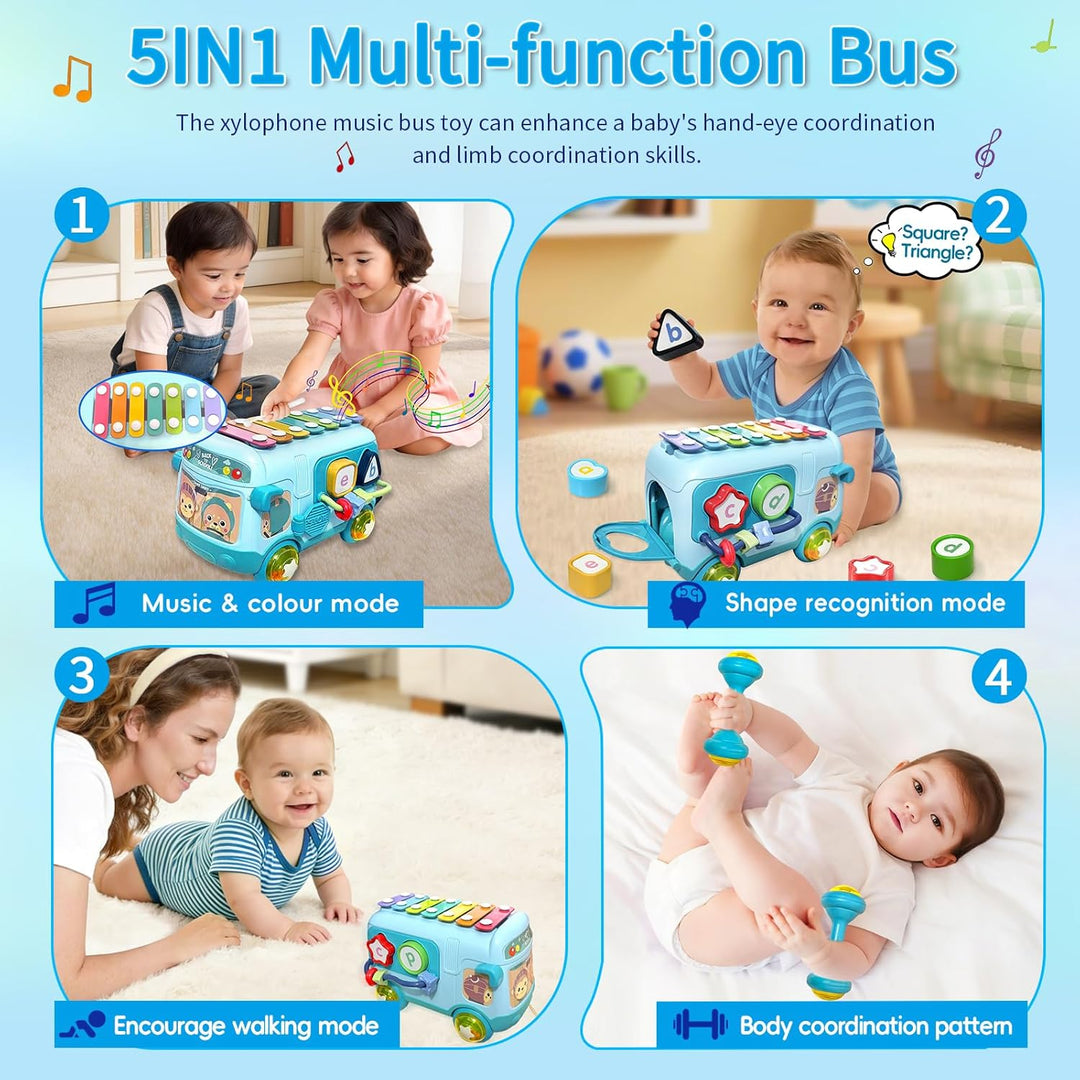 Montessori Spielzeug Musikalischer Bus mit Xylophon Motorikwürfel Rassel Rad Geschenk für Mädchen ab