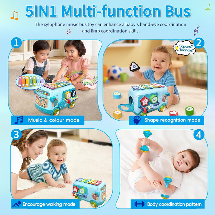 Montessori Spielzeug Musikalischer Bus mit Xylophon Motorikwürfel Rassel Rad Geschenk für Mädchen ab