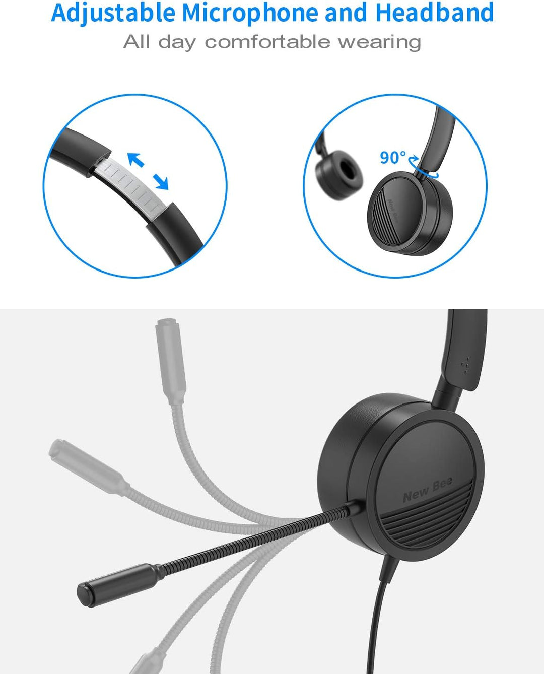New Bee PC Headset mit Mikrofon USB/3,5mm Geräuschunterdrückendes Mikrofon Komfortabler, Leichter Bu