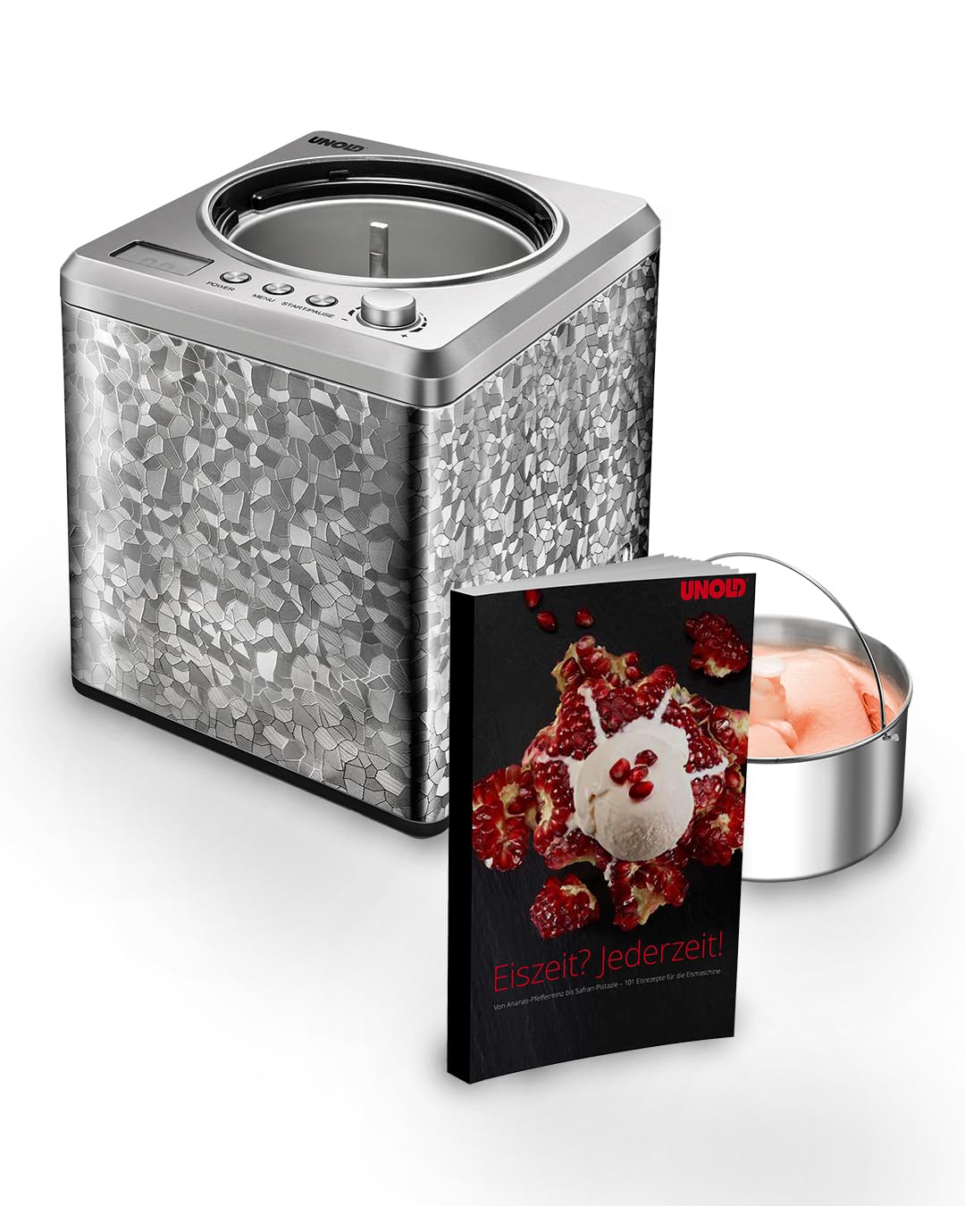 Unold 48970 Eismaschine Profi inkl. Eisbuch mit 101 Rezepten | Speiseeisbereiter 2.0 L, Edelstahl, v