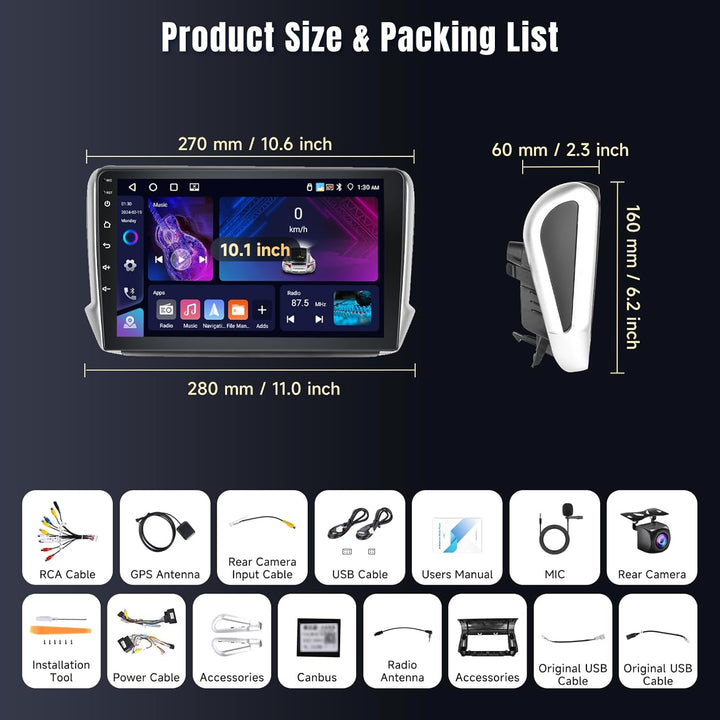 Podofo Carplay Autoradio für Peugeot 208/2008 2012-2018, Android 2G+64G HiFi, 10" Touchscreen Androi