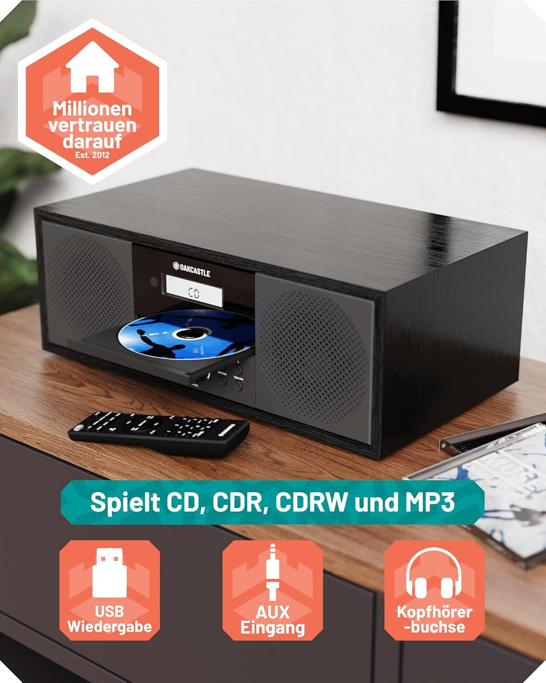 Dab+ Bluetooth Radio und CD-Player | 60 W Stereoanlage für zu Hause | integrierte Lautsprecher, LED-