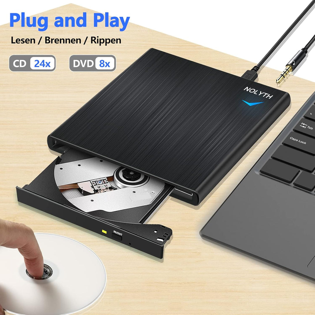 NOLYTH Externes CD Laufwerk für Laptop: DVD Laufwerk Extern mit 1 Audio 2 USB Slots - Tragbar Brenne