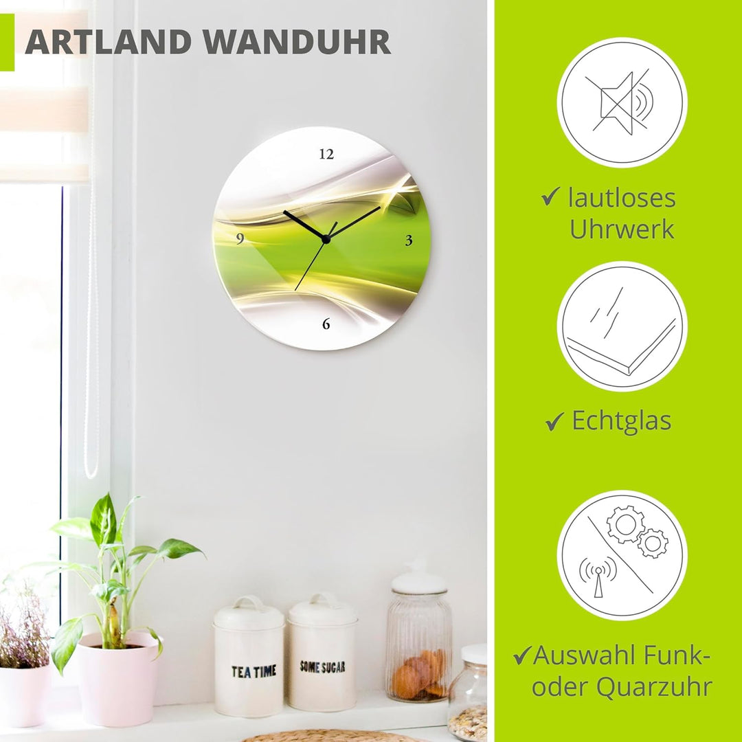 ARTLAND Wanduhr ohne Tickgeräusche Glas Funkuhr Ø 30 cm Rund Lautlos Design Abstrakt Kunst Modern Au