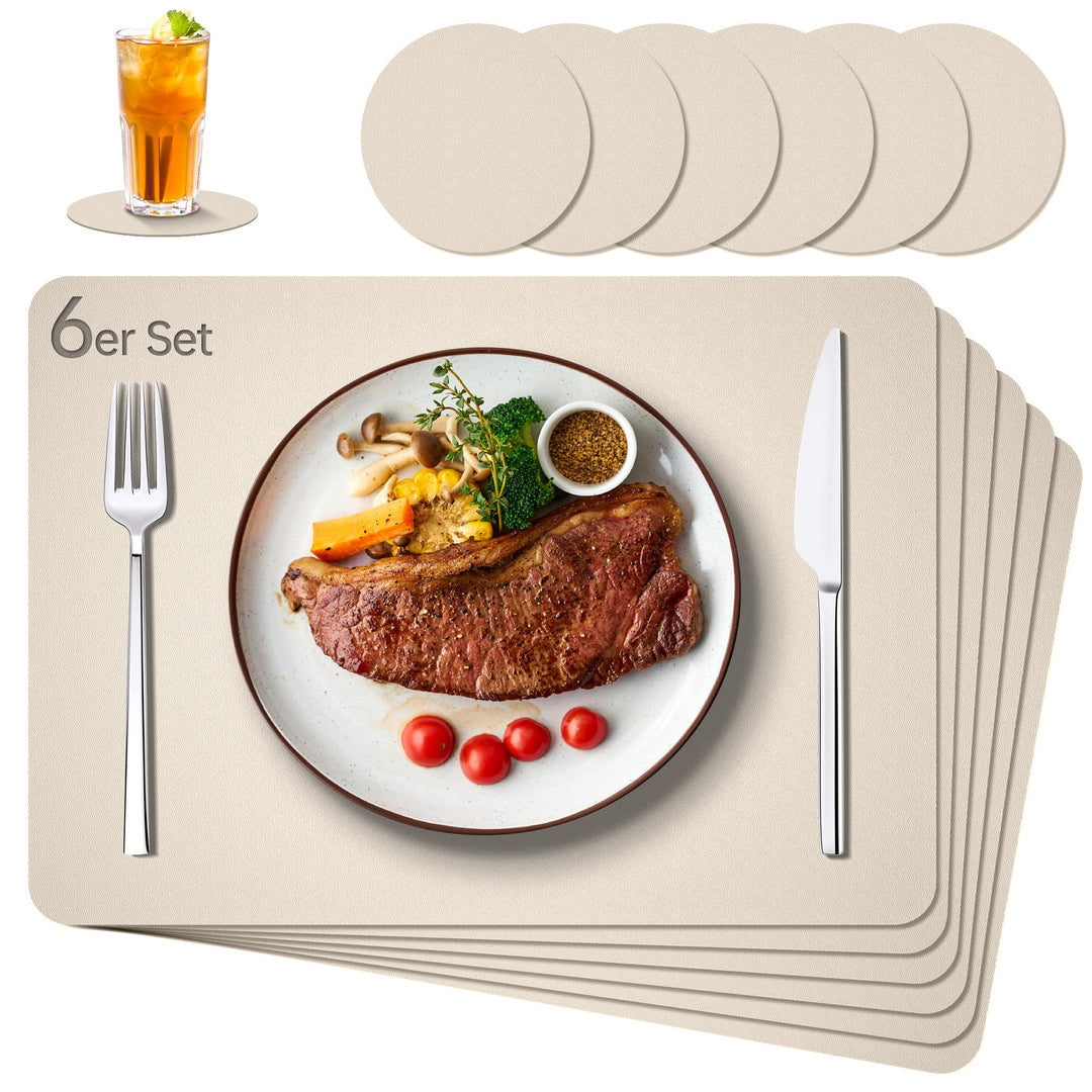 IKWOLETI Tischsets Abwaschbar mit Untersetzer - 6er Set Platzsets Abwaschbar aus Kunstleder - Doppel