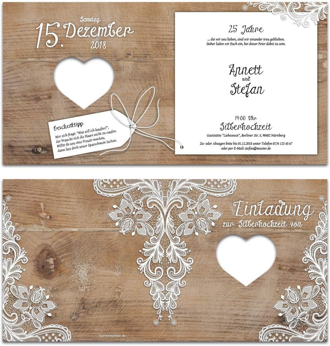 Kartenmachen.de 10 x Lasergeschnittene Hochzeitseinladungen silberne Hochzeit Silberhochzeit Einladu