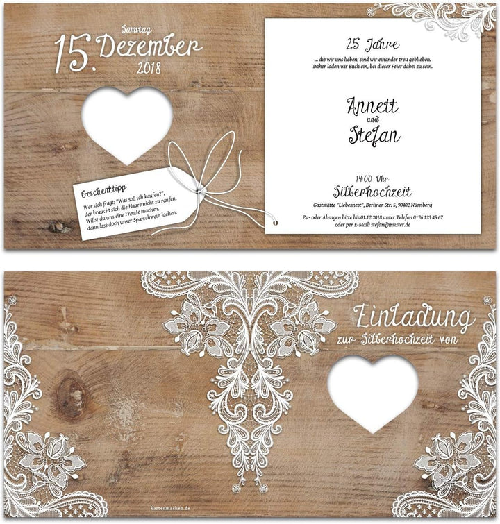 Kartenmachen.de 10 x Lasergeschnittene Hochzeitseinladungen silberne Hochzeit Silberhochzeit Einladu