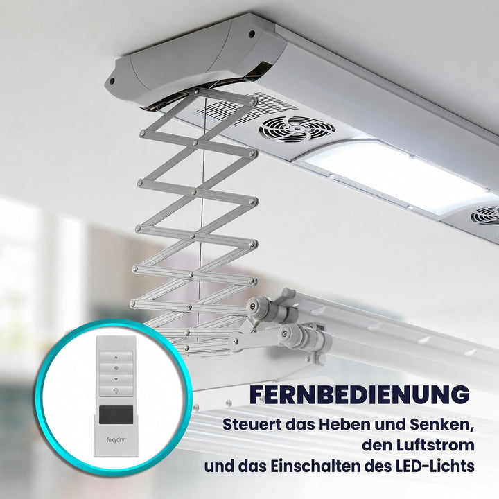 Foxydry Air Kompakter elektrischer Wäscheständer für Wand oder Decke mit Fernbedienung in Aluminium