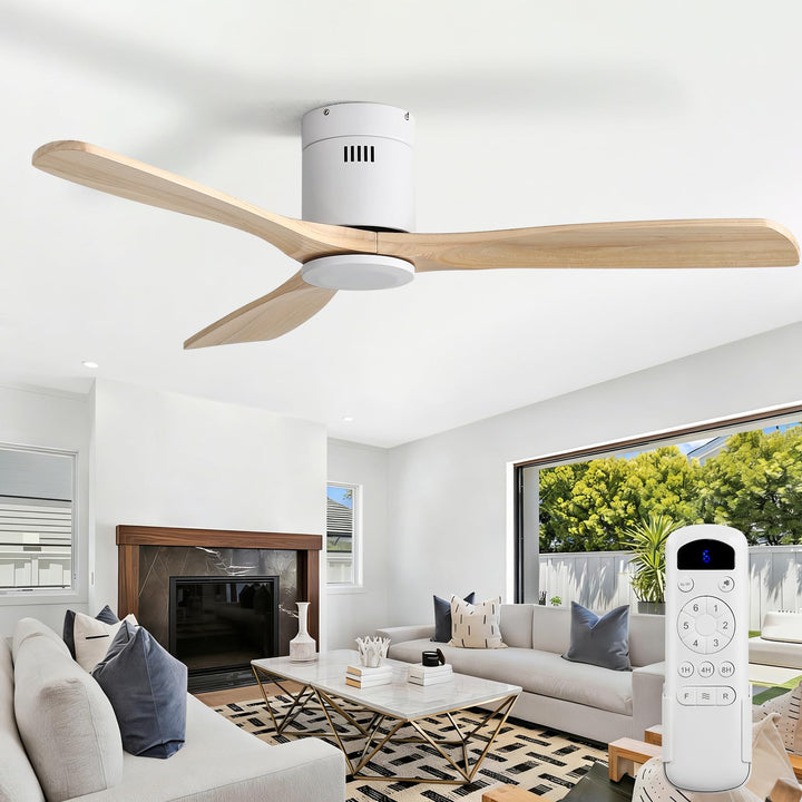 Sofucor Deckenventilator mit Fernbedienung, Deckenventilator aus Massivholz mit 3 Holzlüfterblätter,