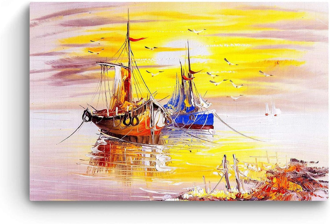 Startonight Bilder Warmer gelber Sonnenuntergang und Schiffe am Strand, Leinwandbilder Moderne Kunst